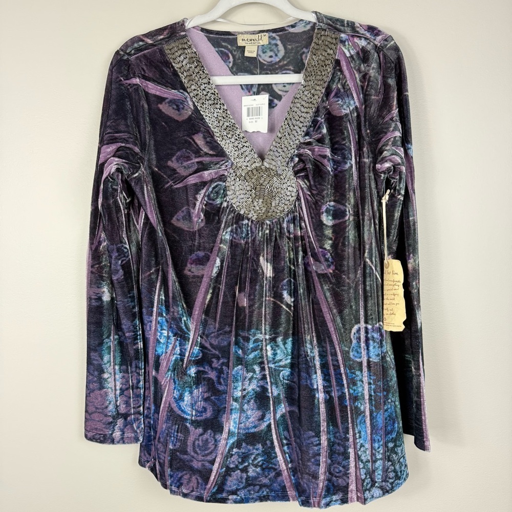 One World Top Womens Medium Boho Beaded Dusty Purple Velvect V-Neck Long Sleeve